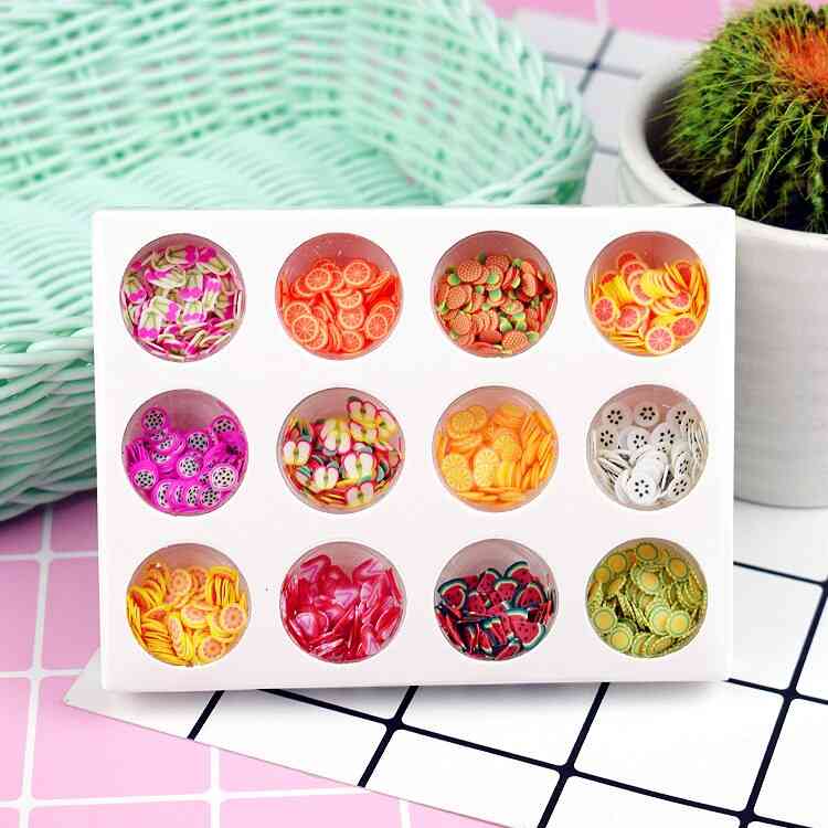 12 tipos / set suministros de limo de cristal de mano rebanadas de flores de frutas uñas caja de consejos de arte para niños - 1