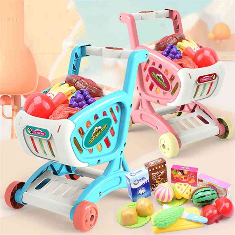 Chariot de simulation de filles poussant la voiture de coupe de nourriture de fruits semblant jouer, jouet de chariot de supermarché - bleu