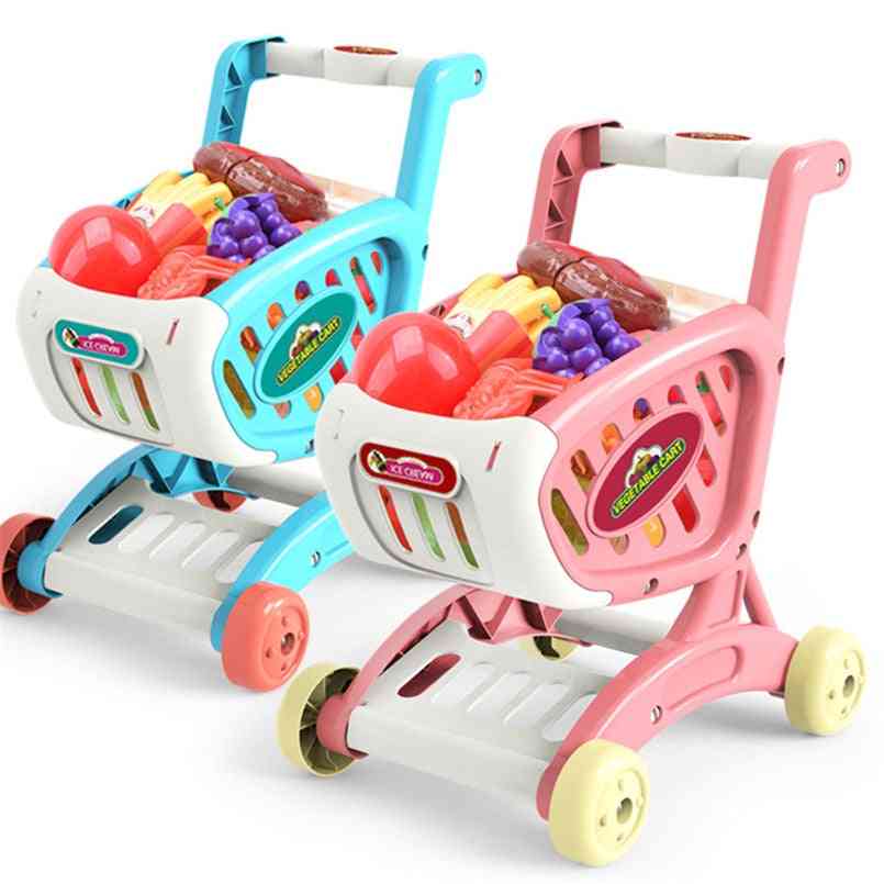 Flickor simuleringsvagn skjuta bil skära mat frukt låtsas spela, stormarknad kundvagn leksak - blå