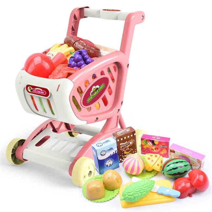 Flickor simuleringsvagn skjuta bil skära mat frukt låtsas spela, stormarknad kundvagn leksak - blå
