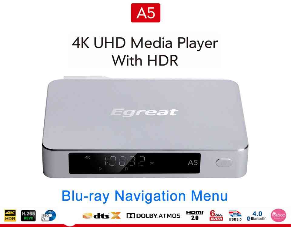 Player media 4k hd cu hdr-android 5.1 tv box, suport pentru meniul de navigare blu-ray 3d
