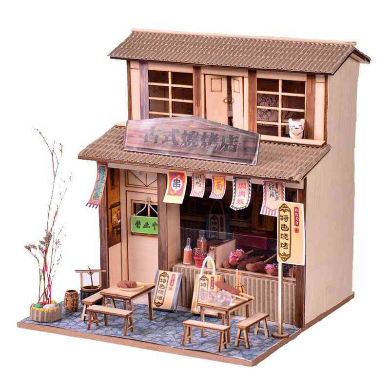 Barkácsbolt ház miniatűr bútorokkal vezetett modell játékokkal gyerekeknek, népi építészet
