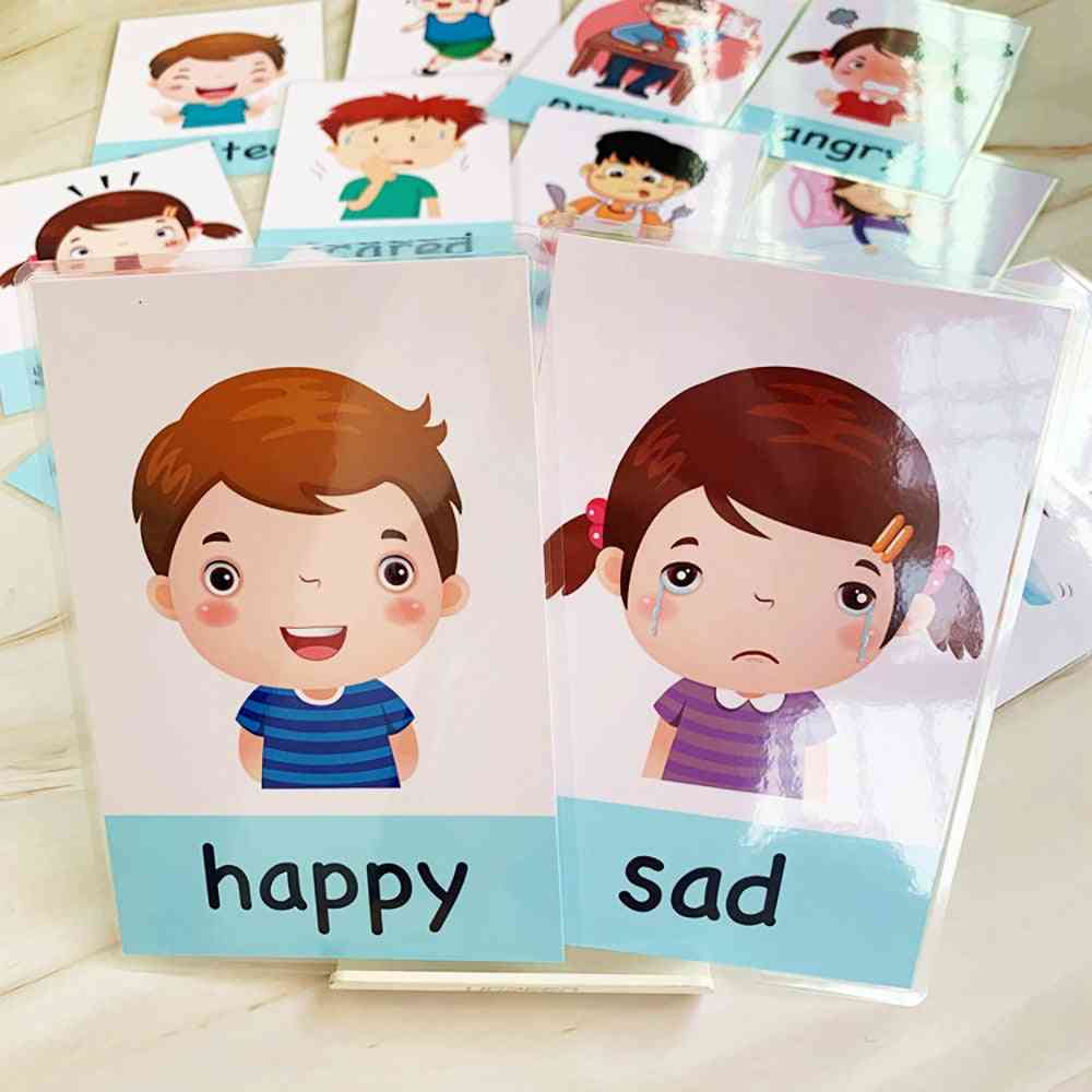 Cartão de aprendizagem de emoção do bebê montessori - cartoon flash cards de emoção em inglês para criança - 0-3 meses