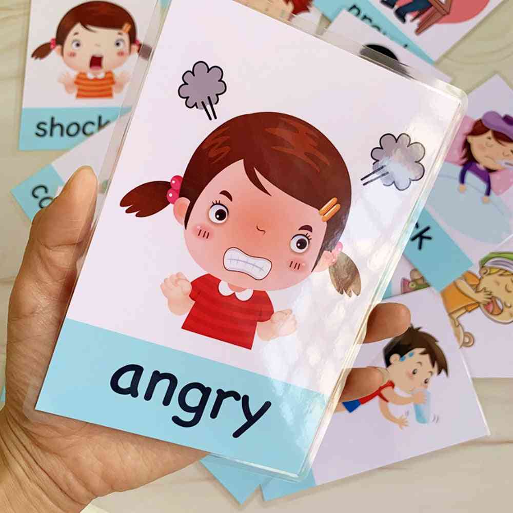 Cartão de aprendizagem de emoção do bebê montessori - cartoon flash cards de emoção em inglês para criança - 0-3 meses