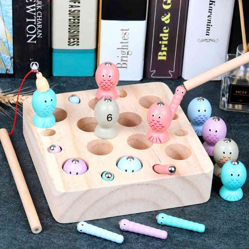 Fából készült montessori baba játékok, számjegyű mágneses játékok, horgász játékok, vadfogó féreg oktató puzzle játékok gyerekeknek (többszínű)