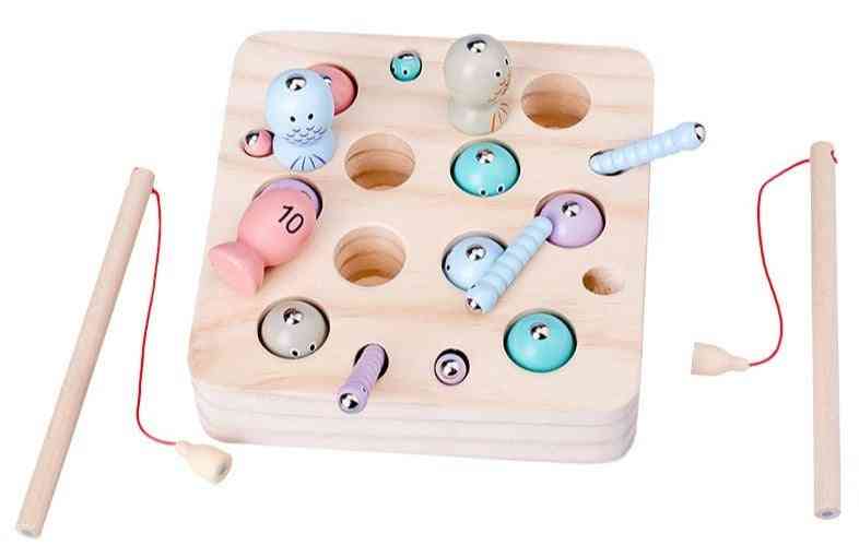 бебешки дървени играчки монтесори, цифрови магнитни игри играчки за риболов, игра улов червей образователни пъзели играчки за деца подаръци (многоцветни)