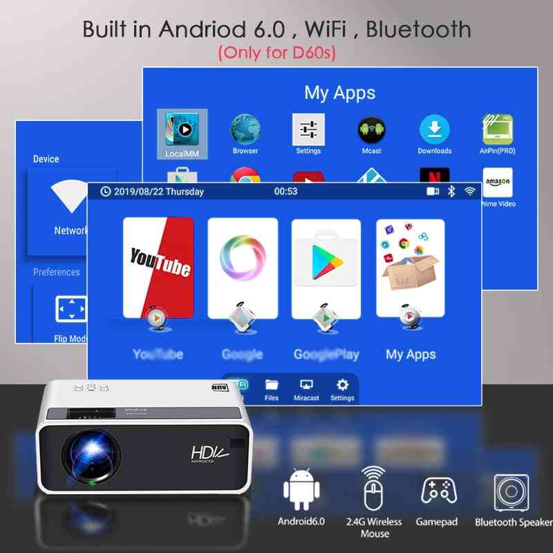Mini-Projektor d60 / s, LED Android WiFi für Smartphone, unterstützt Full HD 4k Bluetooth - Android-Version