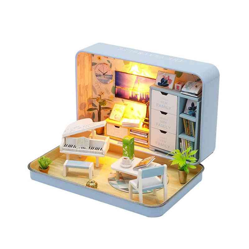 Dollhouse Miniature Kit With Wooden Furniture, Led Light For