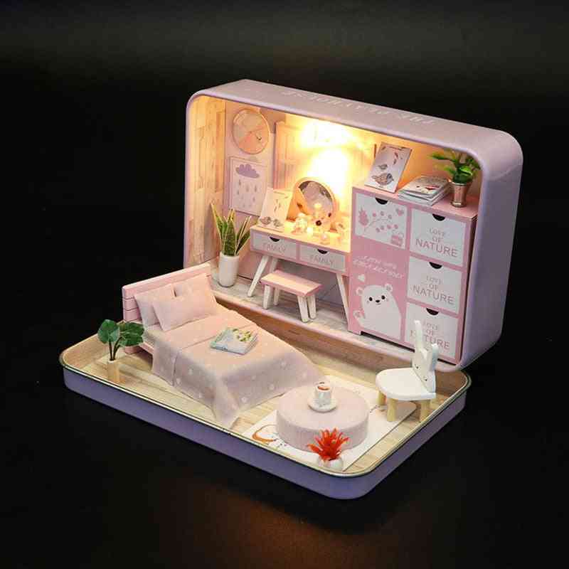 Doos gebouw theater poppenhuis miniatuur kit met meubels houten poppenhuis led licht speelgoed voor kinderen verjaardagscadeau - s931