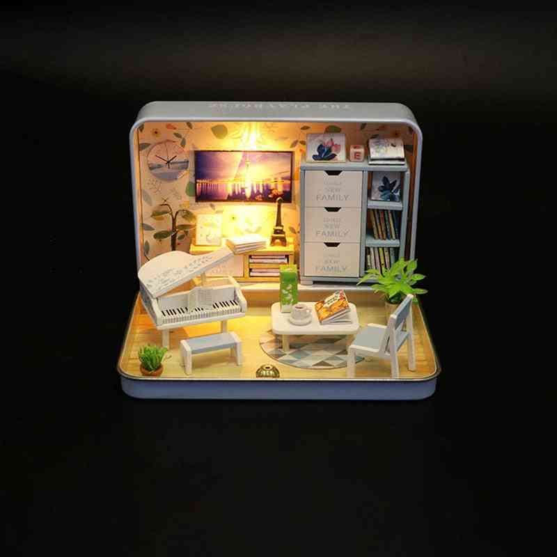 Dollhouse Miniature Kit With Wooden Furniture, Led Light For