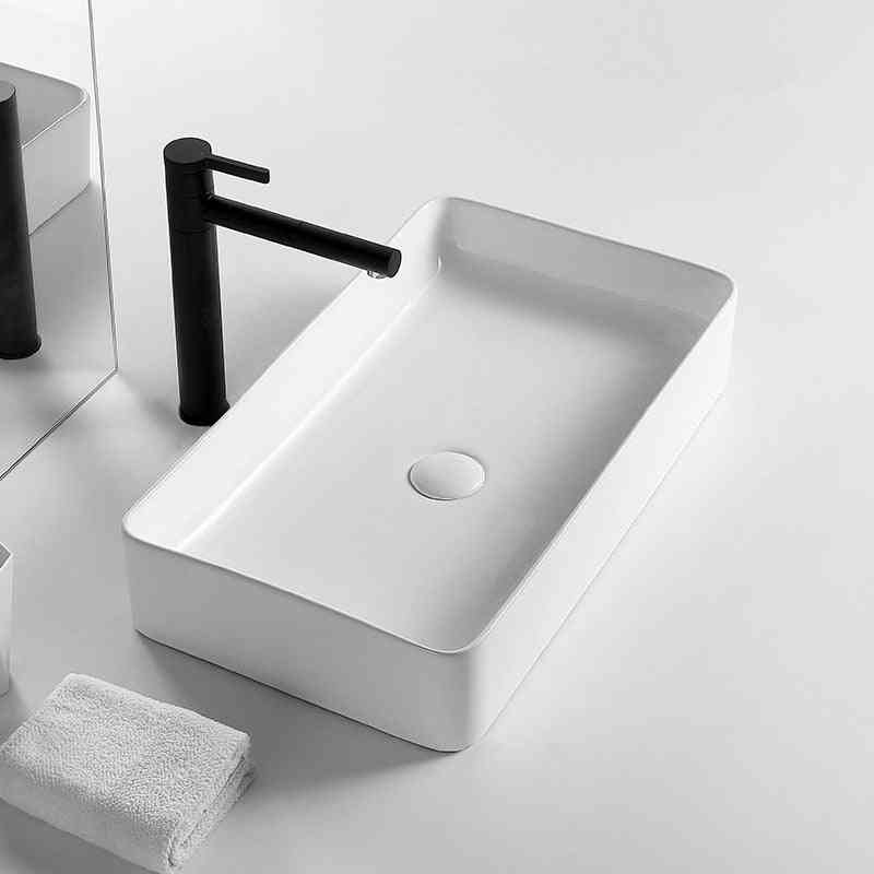 White Square Bathroom Sink Ceramic Wash Basin, Countertop Sinks Drainer