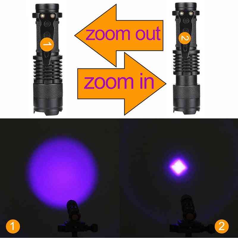 UV-lampun taskulamppu ultravioletti led-taskulampun sterilointilaite zoomattava lemmikkieläinten virtsan tahra hygieniakoetin skorpioni metsästys violetti valo