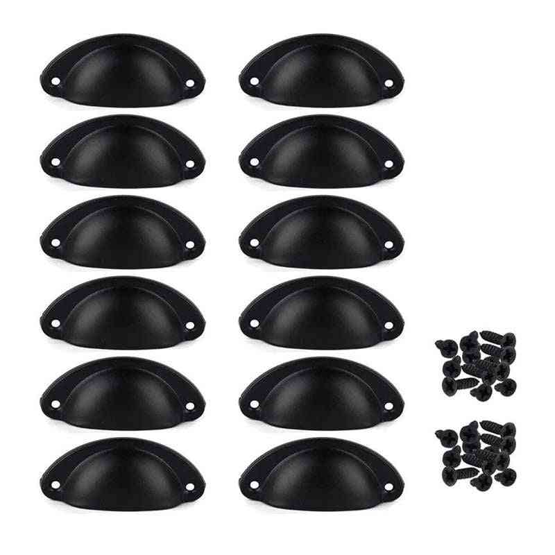 12pcs Door Drawer Cabinet Iron Shell Cup- Semicircle Handle Pull Knob With Screws 8.1cmx3.2cm (black)