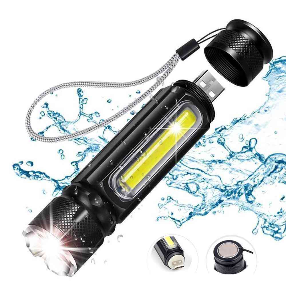 LED-ficklampa USB uppladdningsbar T6-cob fackla zoom, 5-lägen blixtljus magnetisk vattentät utomhus - paket A / Zoom