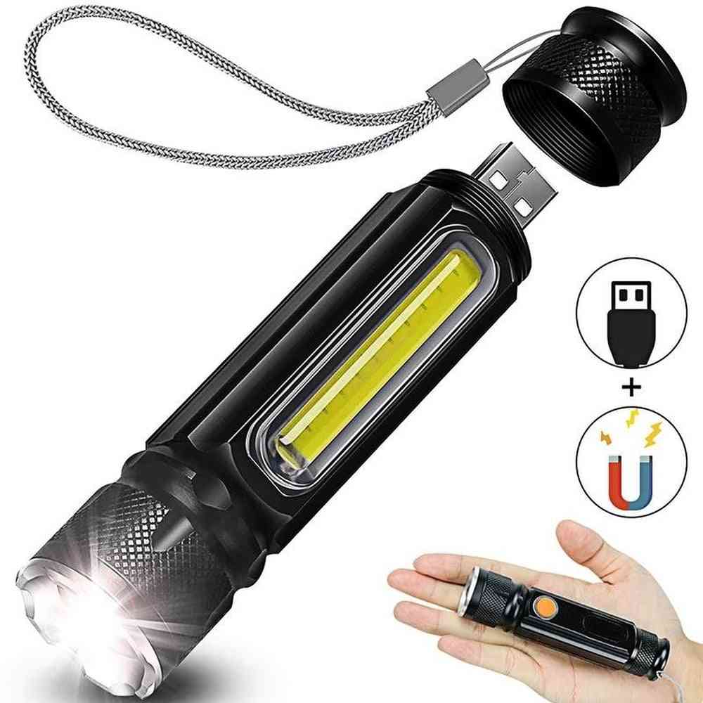 Lampe de poche led usb rechargeable torche t6-cob zoom, lampe de poche 5 modes magnétique étanche extérieur - paquet a / zoom
