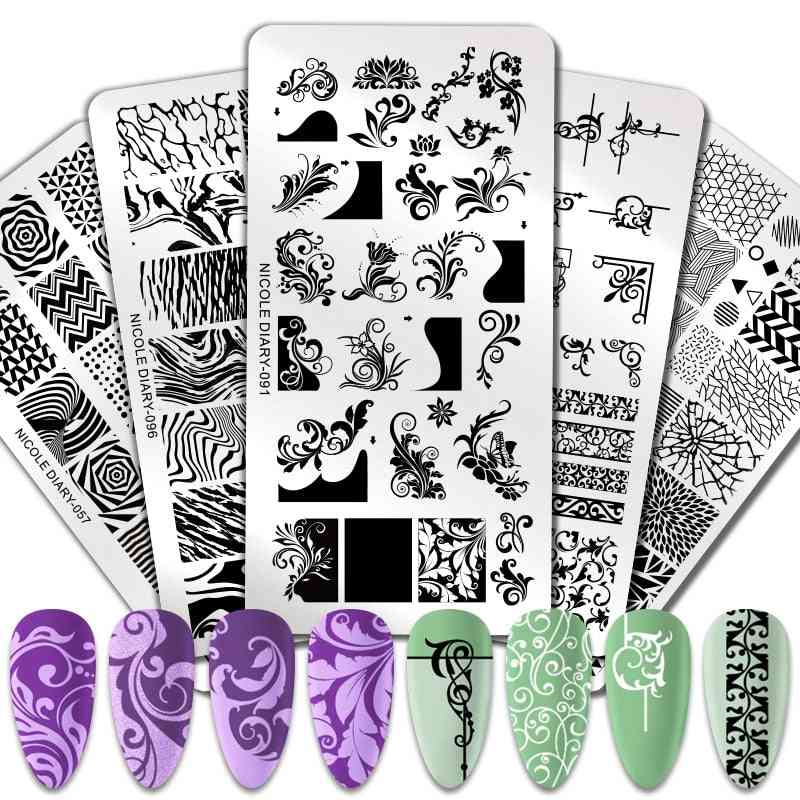Plantillas de plantillas de uñas de patrón mixto - flores, animales, placas para sellos de uñas - 176