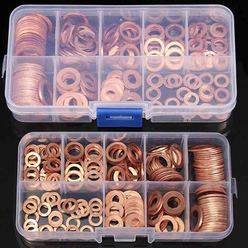 200pcs Copper Washer- Nut And Bolt Set- Flat Ring Seal Assortment Kit