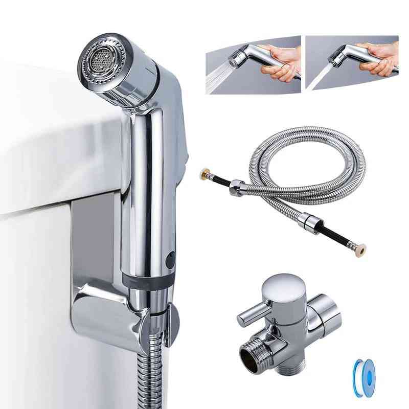 1.2m Two Function Toilet Hand Bidet Faucet - Bathroom Shower Sprayer And T Adapter Hose Tank Hooked Holder