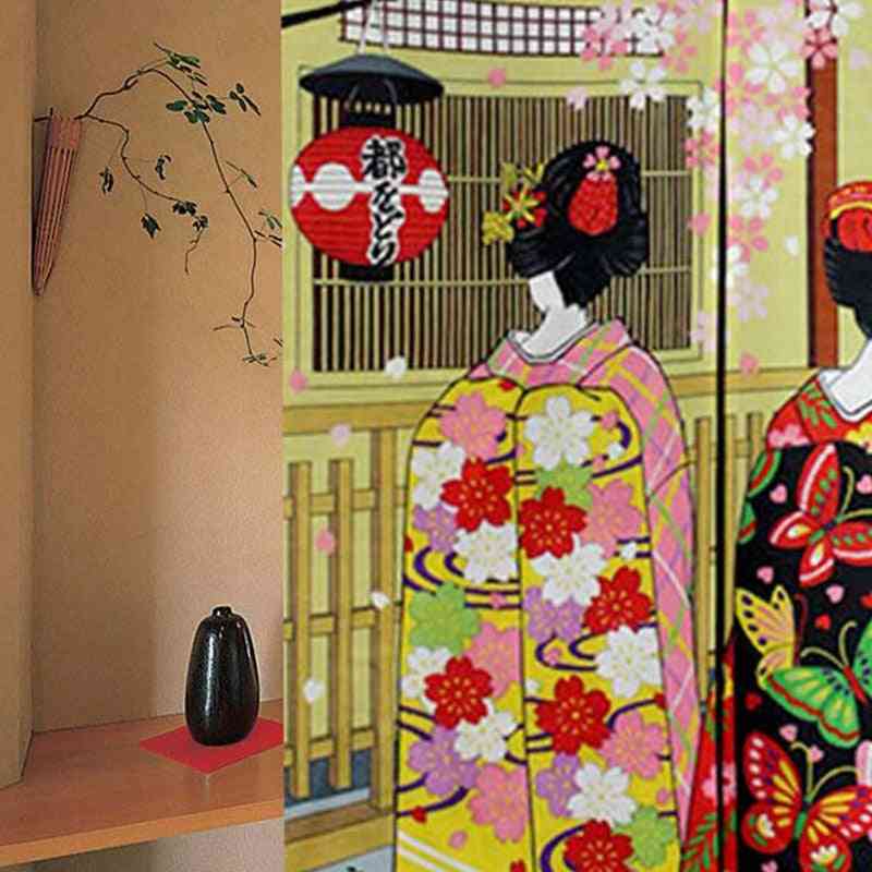 Long Doorway Curtain - Kyoto Geisha & Cherry Blossom Window Treatment Tapestry