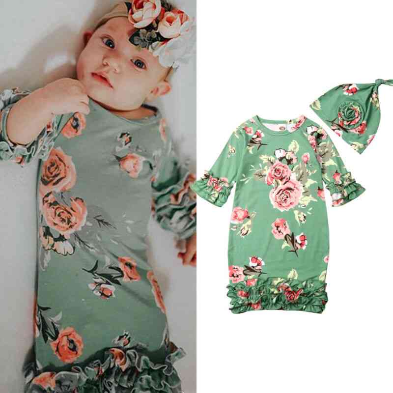 Newborn Baby Girl Sleepwear Dress Print Floral Long Sleeve Swaddle Wrap Blanket Bag +hat
