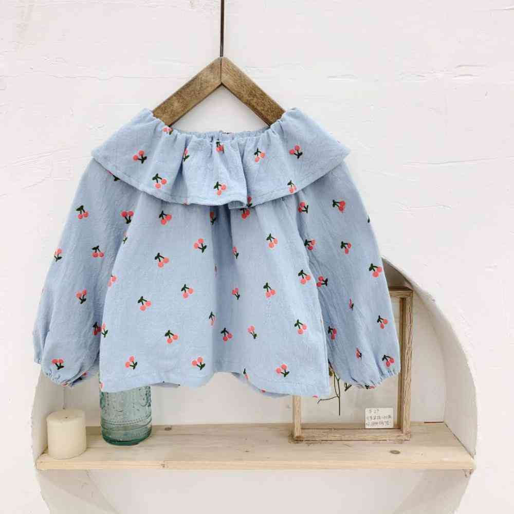 Automne vêtements pour enfants vêtements pour filles - chemise à grand revers imprimé cerise - bleu / 80cm