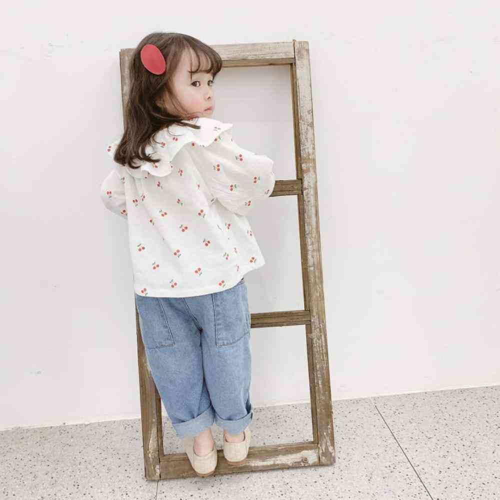 Autunno abbigliamento per bambini abbigliamento per ragazza - camicia con risvolto grande stampa ciliegia - blu / 80 cm