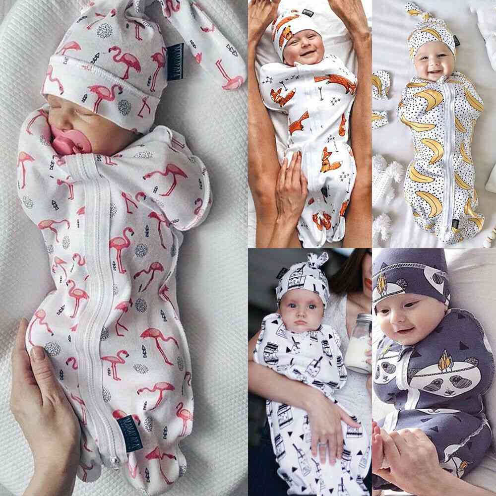 Newborn Baby Sleeping Wear, Zipper Clothes And Hat Set