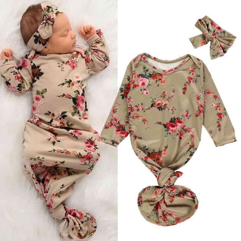 Newborn Baby Sleeping Bag Flowers Print Infant Blanket Swaddle Wrap Gown Headband