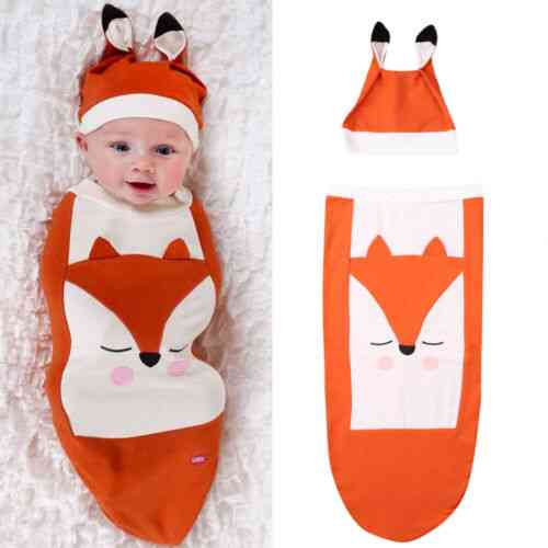 Newborn Boy Girl Fox Sleeping Bag, Infant Warm Blanket Swaddle Wrap Gown Cotton Hat Outfit