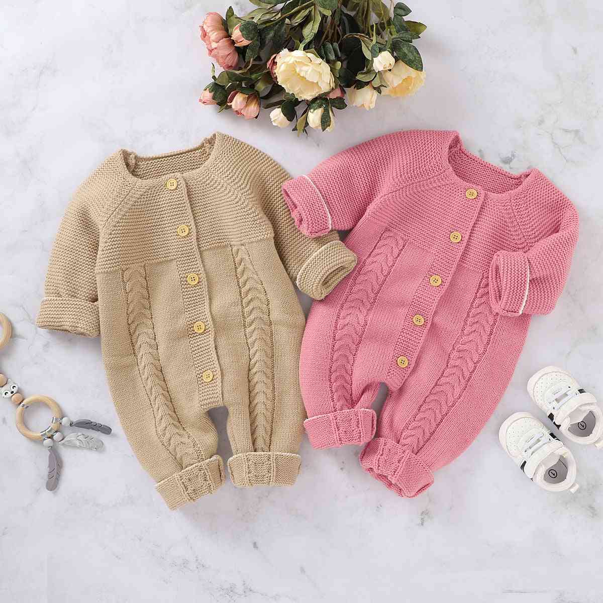 Autumn Winter Infant Baby Girl Knitted Romper Button Long Sleeve Jumpsuit Playsuit Sweater
