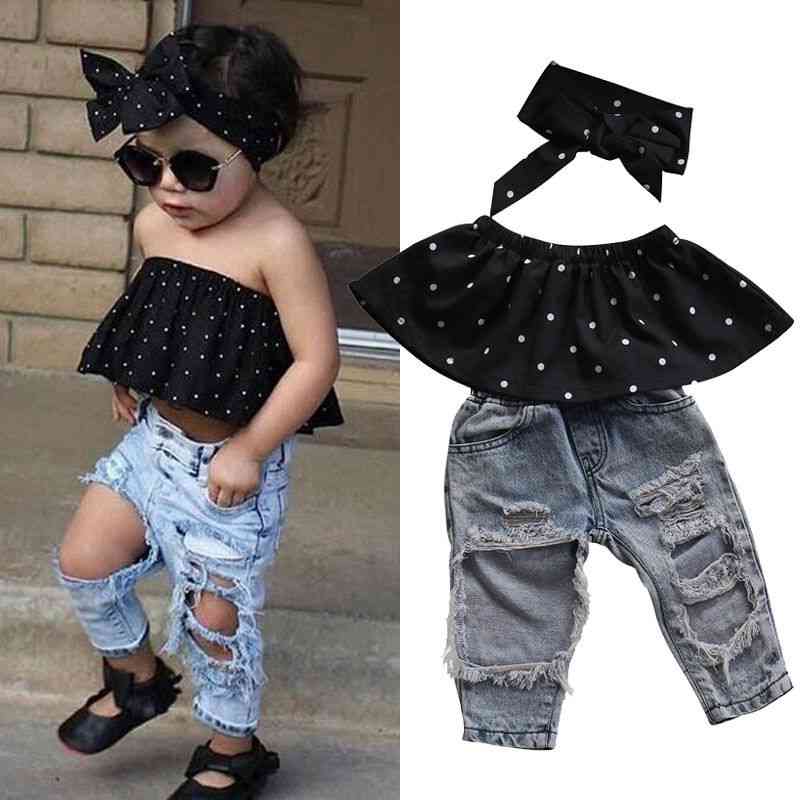 Newborn Baby Girl Clothes Dot Sleeveless Top Vest Hole Jeans Pants Outfits Casual Summer Fashion