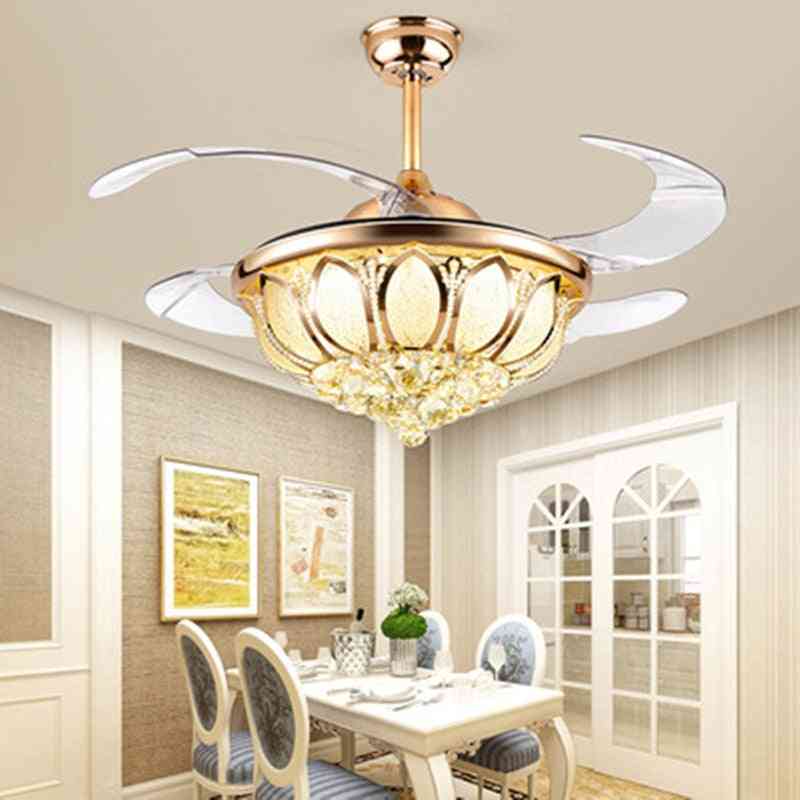Lampa sufitowa z wentylatorem w europejskim stylu, luksusowa lampa led z kryształowym niewidocznym wentylatorem, z pilotem (złoto 42 cale 71-80 W 220 V) -