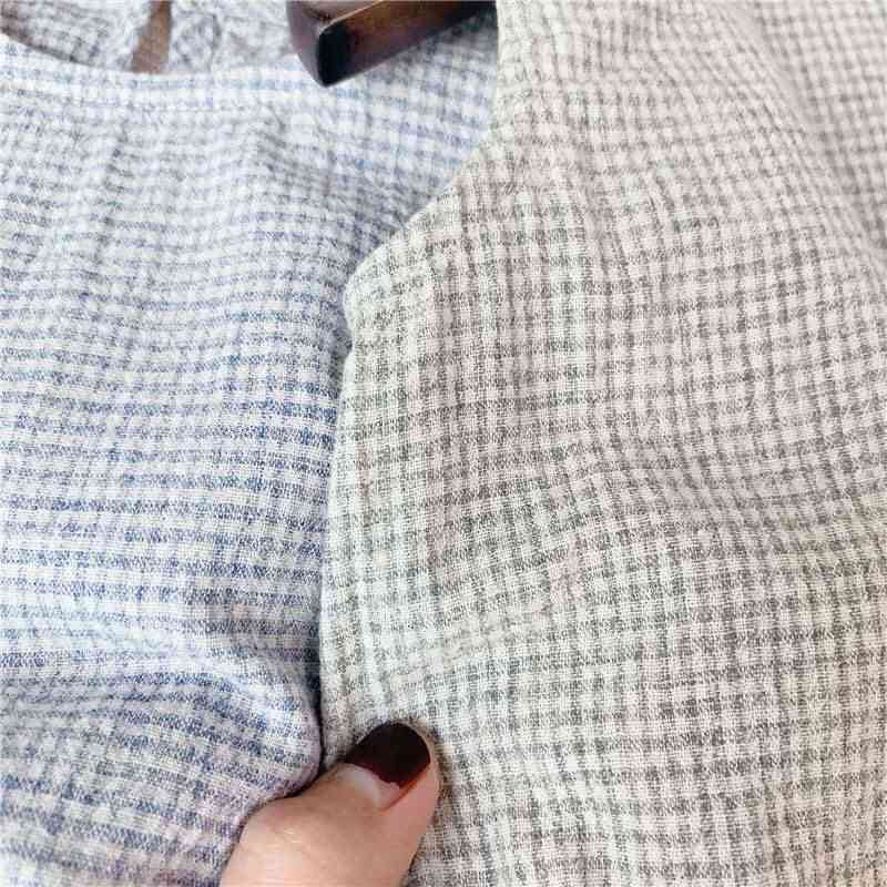 Detské oblečenie, letná kórejská károvaná plátenná bavlnená košeľa, vrecko s okrúhlym výstrihom bez rukávov, roztomilý top