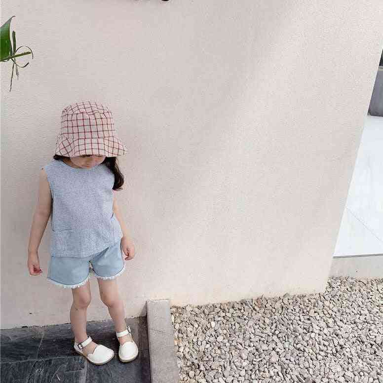 Kinderkleidung Sommer Mädchen koreanische karierte Leinen Baumwolle Weste Hemd ärmelloses Rundhalsausschnitt Top süß