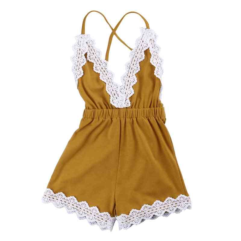 Macacão feminino renda profunda v fofo estilo simples macacão sunsuit roupas 0-24m camiseta infantil