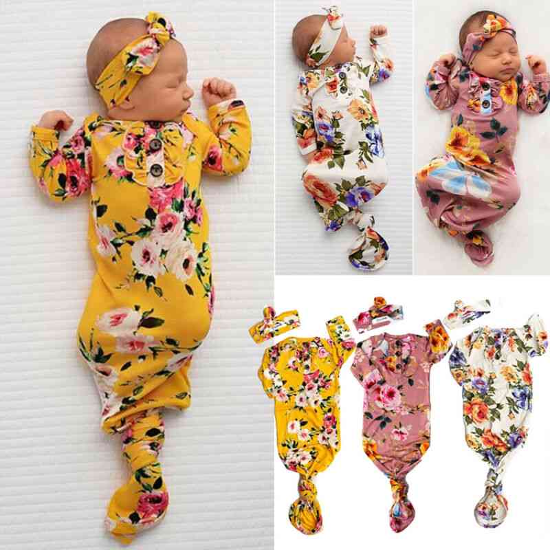 Mooi ontwerp met bloemen voor babymeisjes, slaapzakken met hoofdband - beige / 0 tot 6m