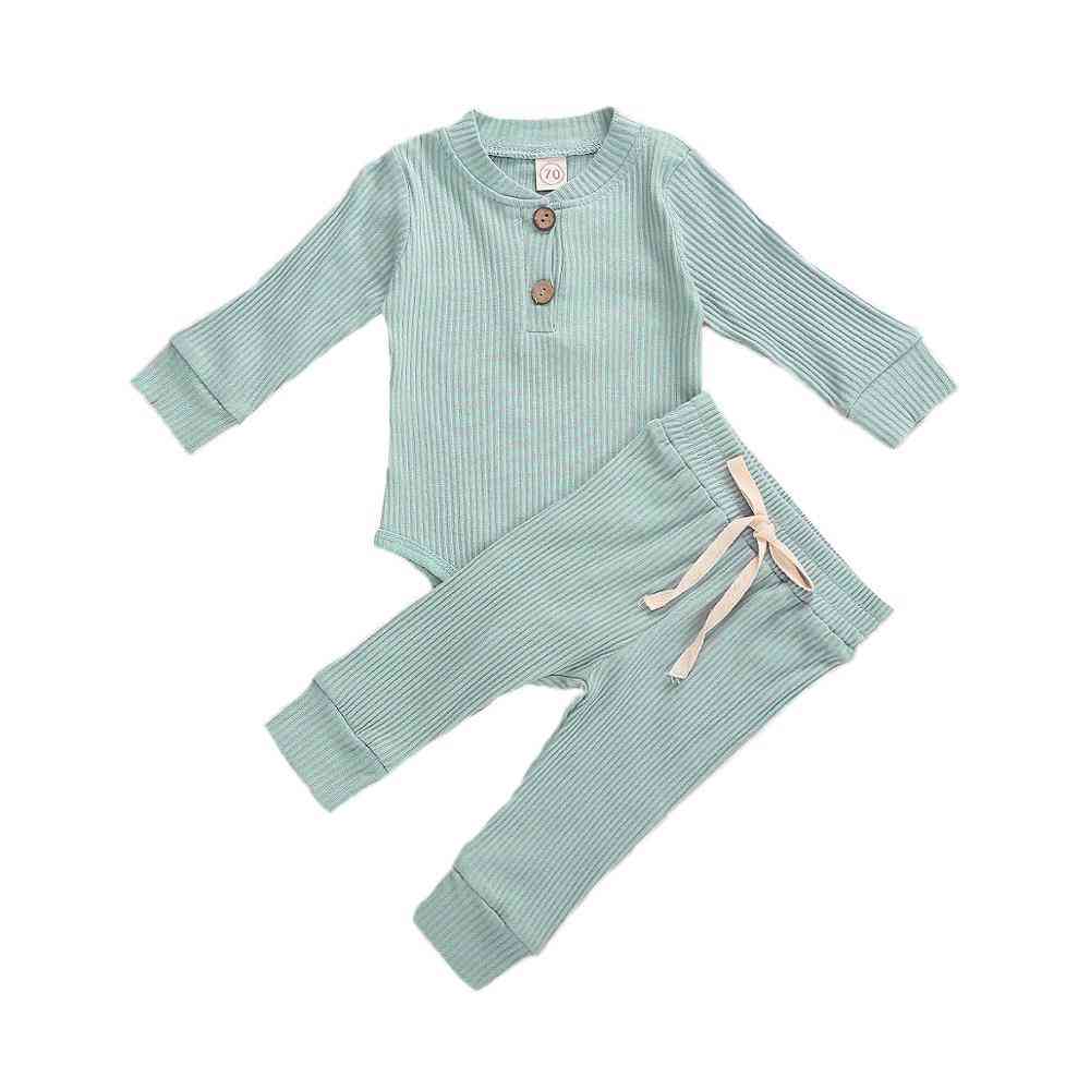 Newborn Baby Spring, Autumn Ribbed Solid Clothes Sets - Long Sleeve Bodysuits + Elastic Pants Outfits