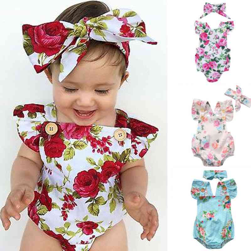 Lindo mameluco floral bebé niñas mameluco mameluco + diadema conjunto de trajes para recién nacidos