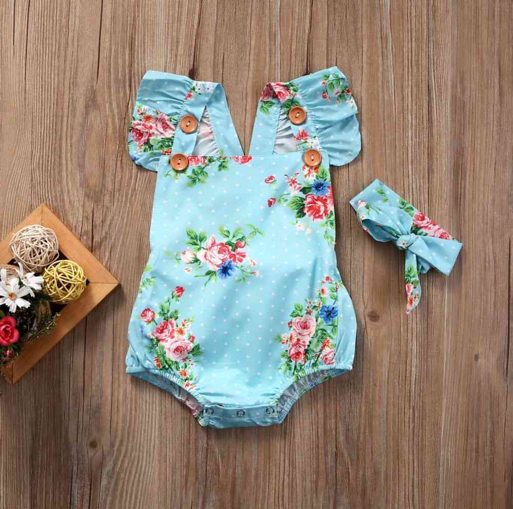 Söta blommiga romper baby flickor jumpsuit romper + pannband nyfödda kläder set