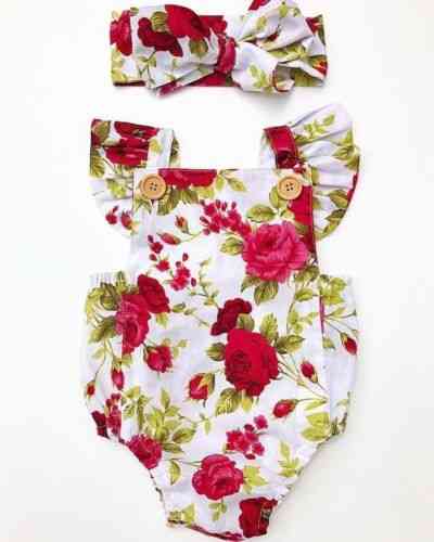 Söta blommiga romper baby flickor jumpsuit romper + pannband nyfödda kläder set