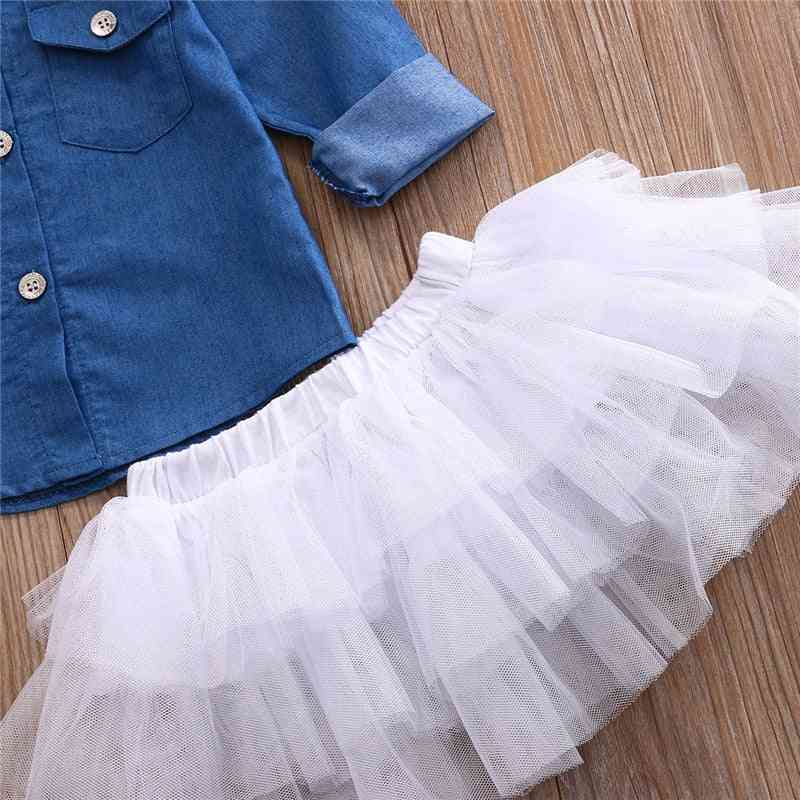 Baby flicka sommarkläder denim skjorta topp + tutu kjolar + pannband outfits set 0-5t