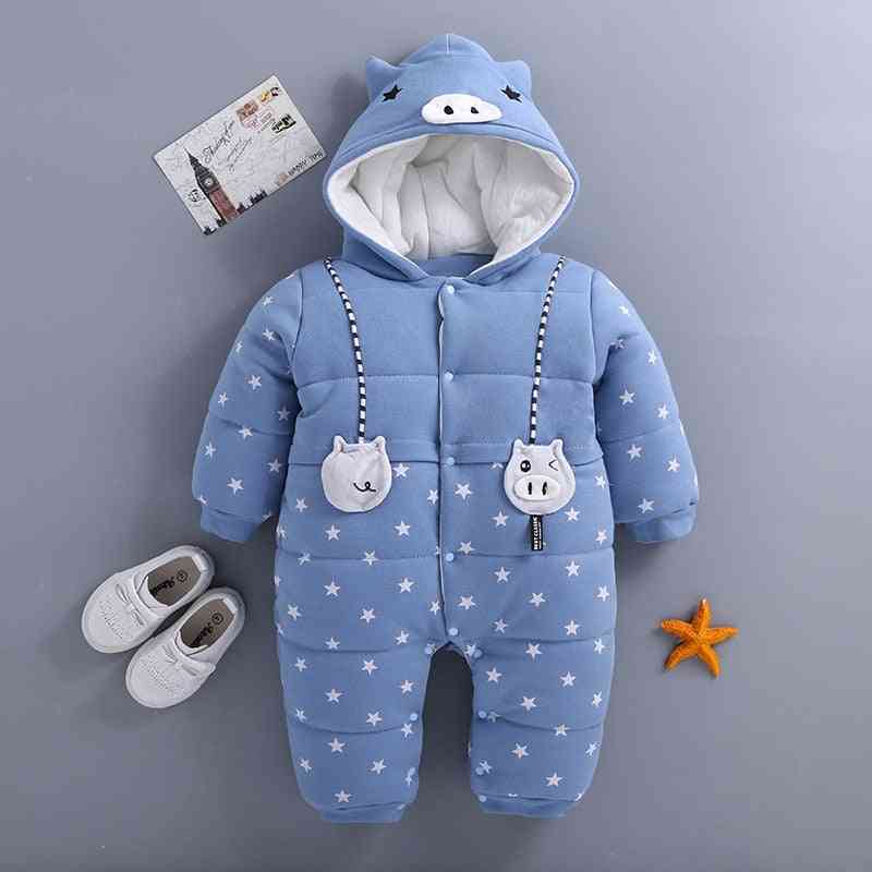 Nyfödd vinterdräkt baby pojke tjock bomull varm jumpsuit söt huva romper övergripande tjej kläder barn kappa - ljusblå / 3m