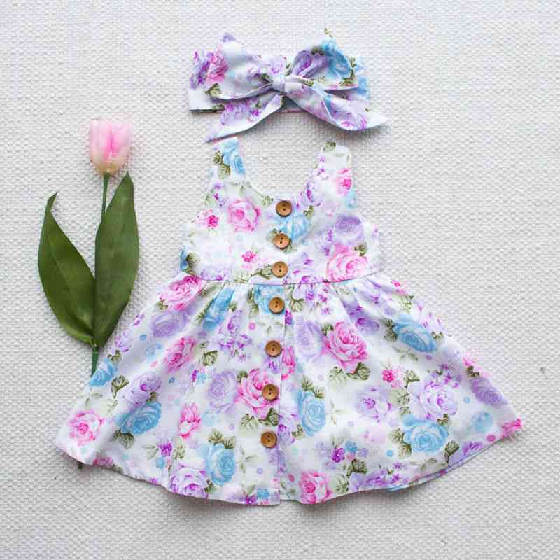 Baby Girl Floral Tank Dress Match Headband, Summer Button Sleeveless Sundress Clothes