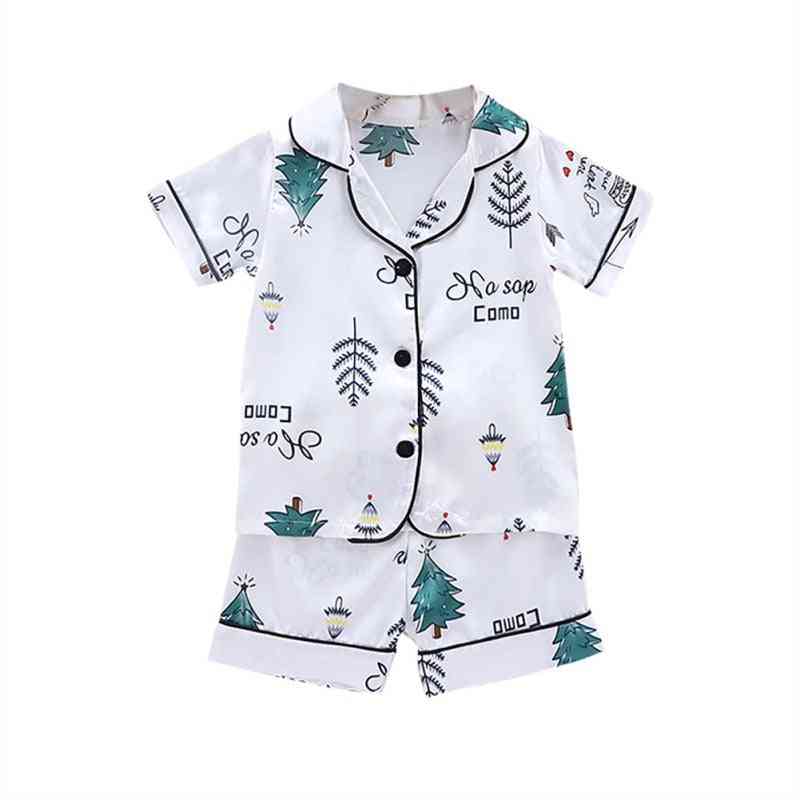 Summer Cotton Christmas Tree Print Short Sleeve Silk Blouse Pants / Pajamas Set