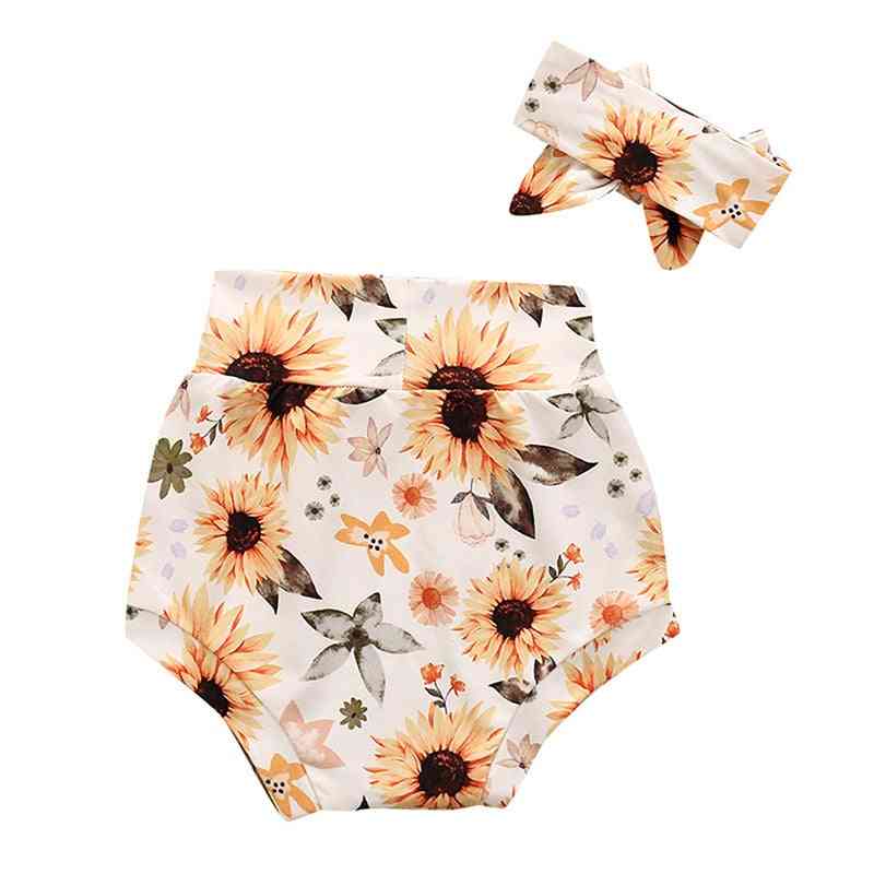 Pantalones cortos de verano para niños / niñas: estampado de arco iris de corazón floral, pantalones cortos de algodón, bombachos recién nacidos de moda con diadema
