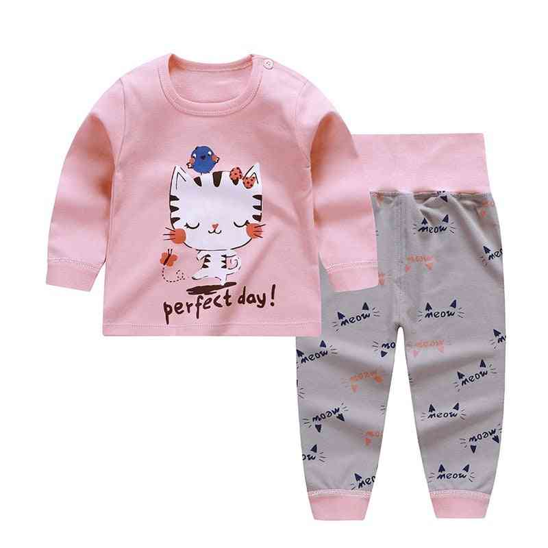Tegneserie print baby drenge piger pyjamas sæt bomuld børn nattøj efterår forår høj talje langærmede toppe + bukser 0-2 år gammel - g01 / 6m