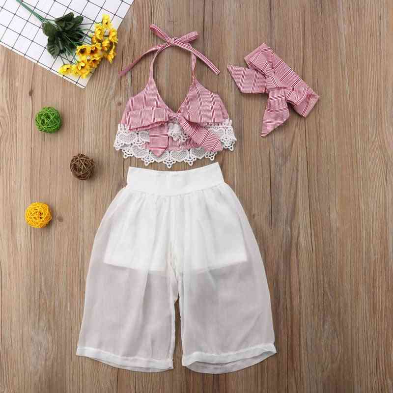 Girls Clothes Set, Baby Summer Sleeveless Lace Bow Crop V-neck Tops, Pants & Headbands