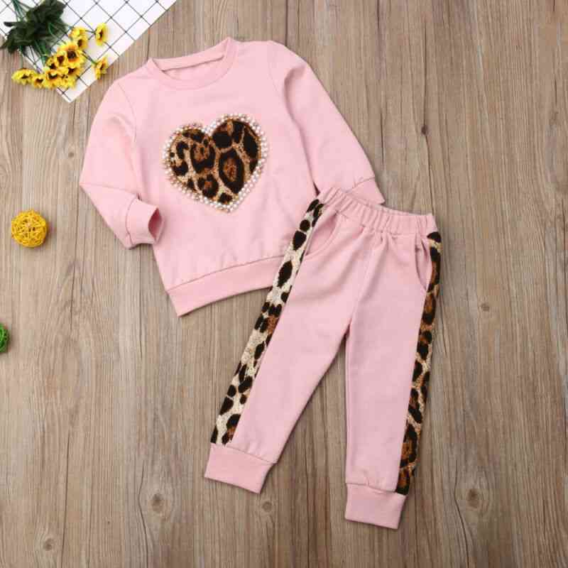 Autumn Winter Kids Baby Clothes Tracksuit Sets- Long Sleeve Leopard Tops, Pants Outfits