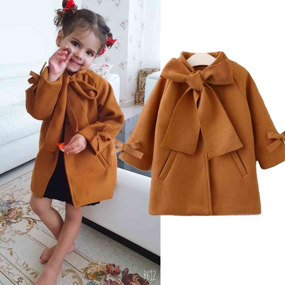 Cute Baby Overcoat, Woolen Bowknot Single Breasted Coat, Outerwear Winter Warm Clothes Snowsuit