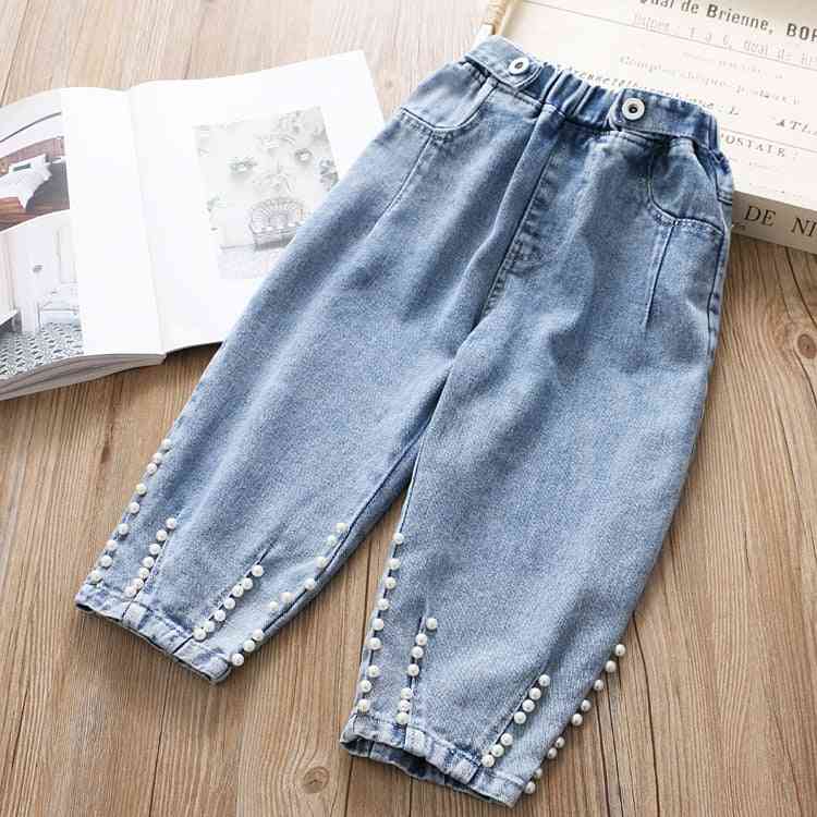 Džínsové nohavice s perleťovým dizajnom, voľné nohavice